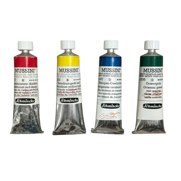 Schmincke Mussini Oil Paint Set of 4- red, yellow, blue and green. Oil paint. - Picture 1 of 13